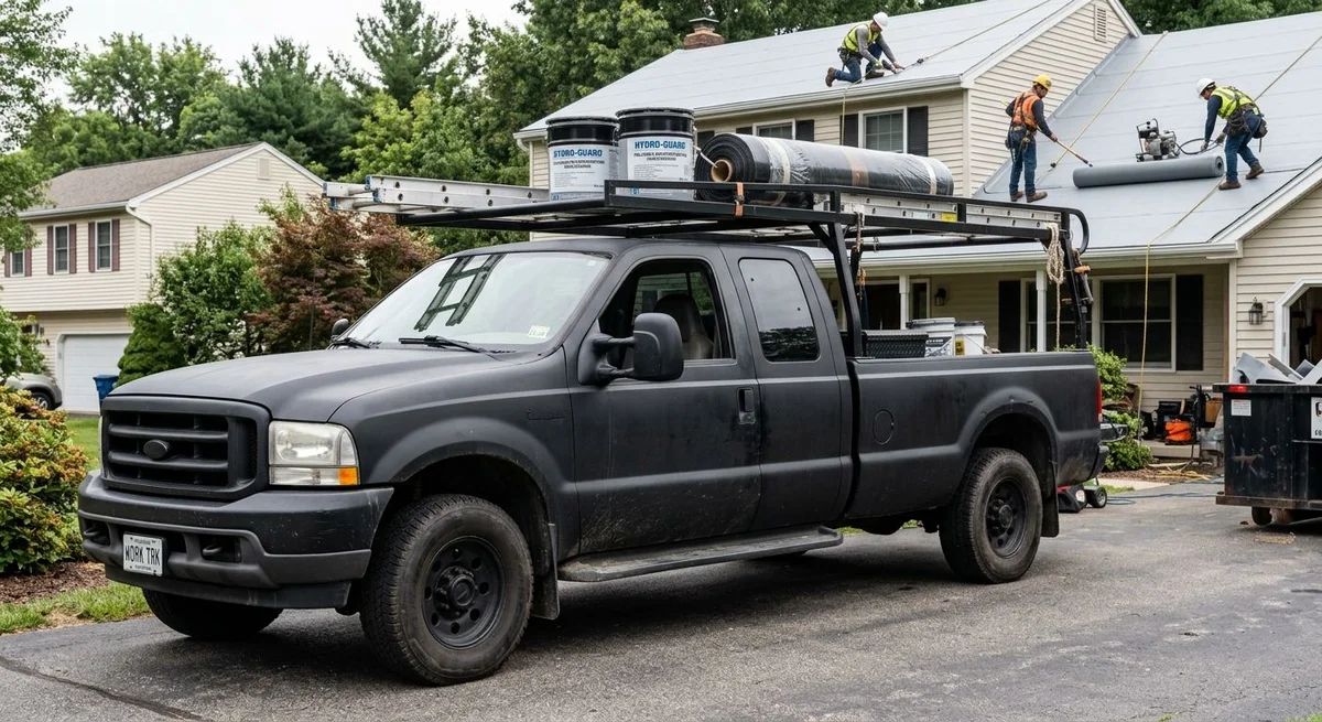 Professional roofing crew and equipment on a residential job site, demonstrating installation readiness and trade expertise.