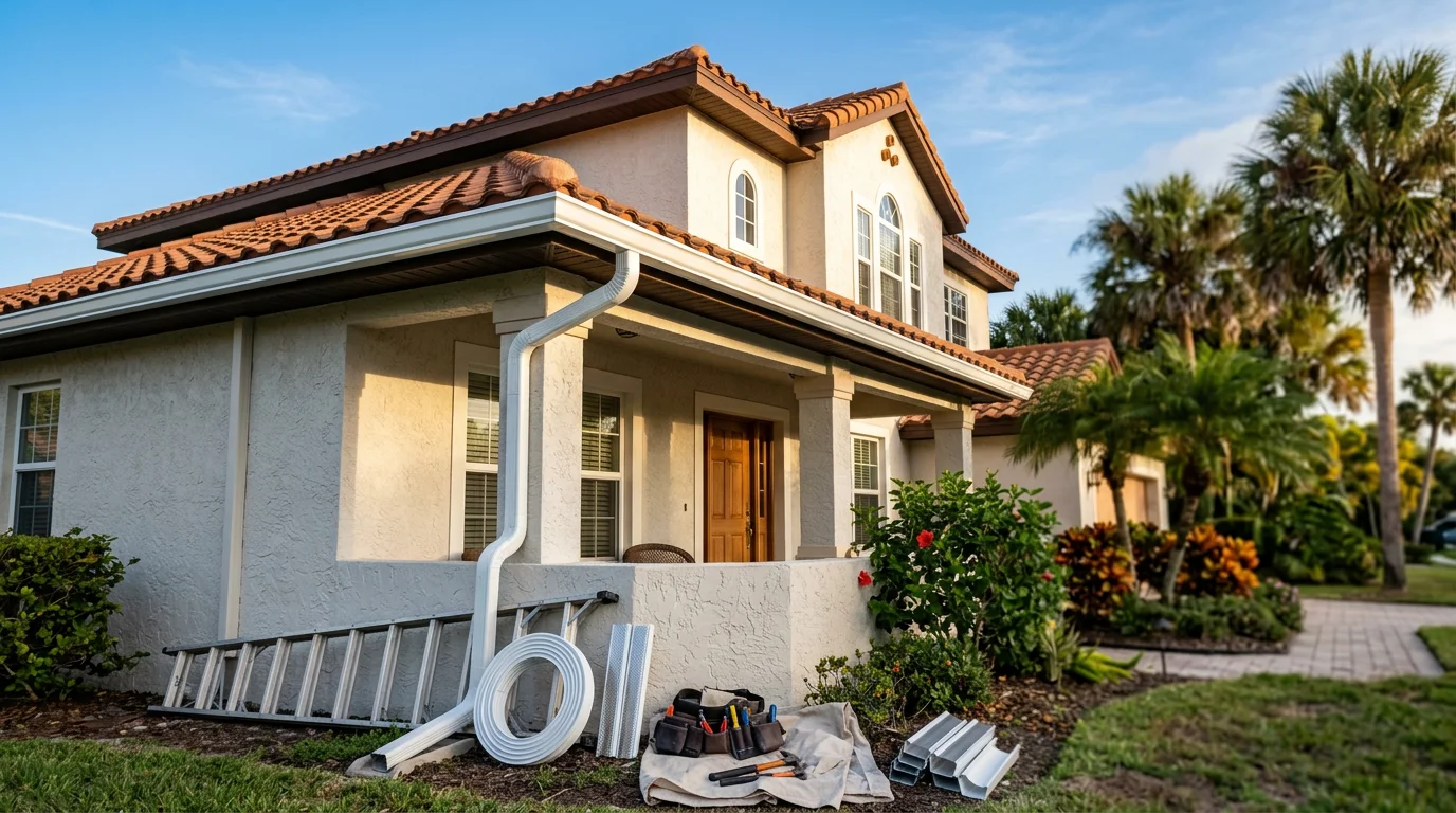 Gutter installation and gutter guard protection on residential home