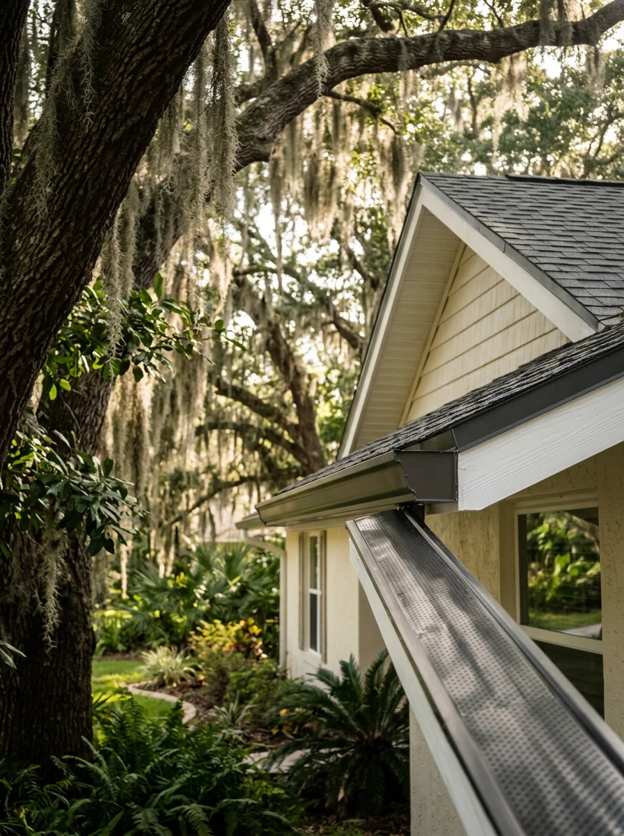 Completed gutter guard installation on a Rockledge, Florida home surrounded by mature oak trees, showing the guard system fitted along a newly replaced fascia board.