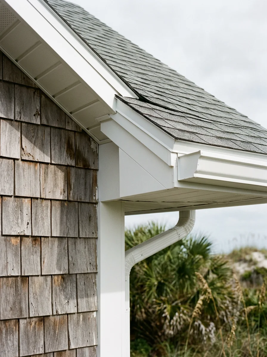 Completed soffit and fascia replacement on a Flagler Beach oceanfront cottage, showing new white trim boards installed beneath a recently replaced shingle roofline.