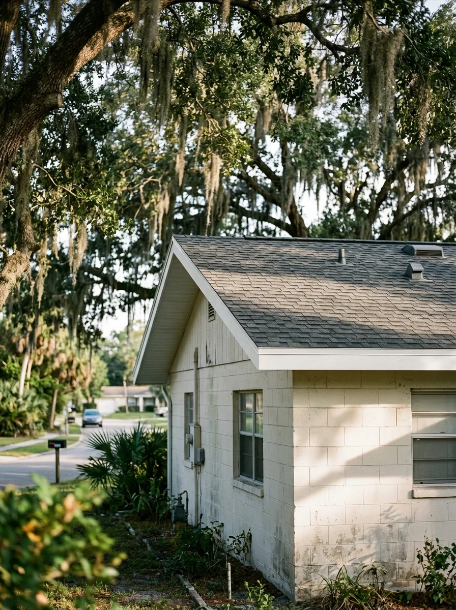 A completed re-roof on a 1970s concrete block ranch home in Ocoee, Florida, showing new shingles and replaced fascia trim against a mature oak-lined street.