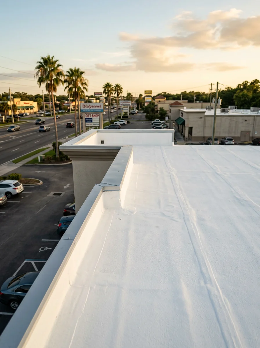 Completed commercial roofing installation on a retail building along the US-192 corridor in Kissimmee, Florida, showing a flat SPF roof system with fresh coating applied.