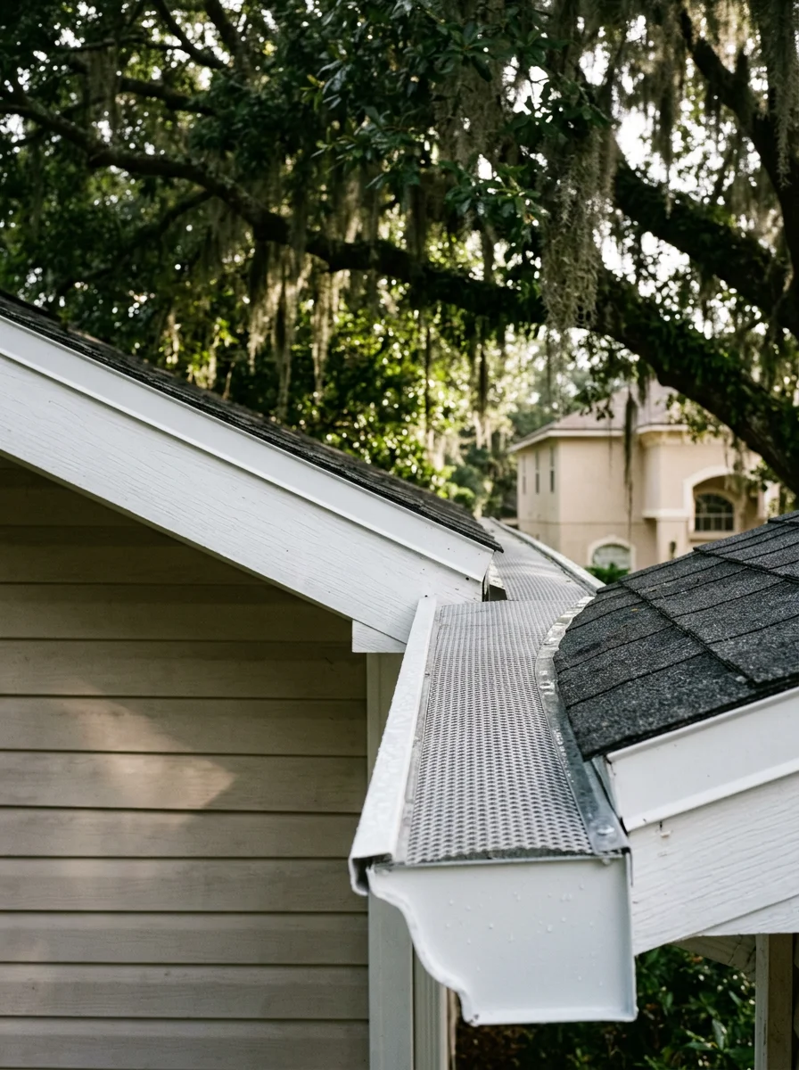 Gutter guard installation on a Casselberry, Florida home with heavy oak canopy overhead, showing the guard system fitted along a freshly replaced fascia board.