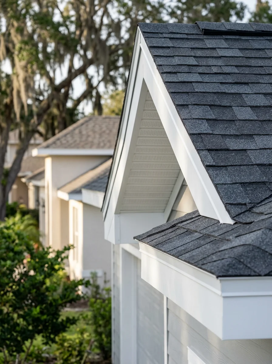 Close-up of a completed soffit and fascia replacement on a Port Orange home, showing fresh white trim against a newly installed shingle roofline.