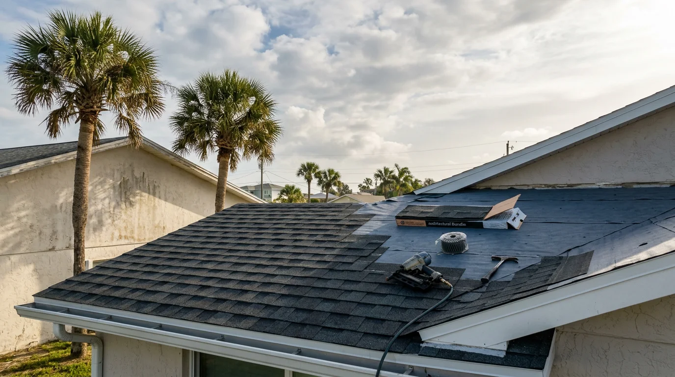 A residential re-roof in progress on a 1980s concrete block home in Daytona Beach, Florida, with new shingles being installed under a partly cloudy coastal sky.