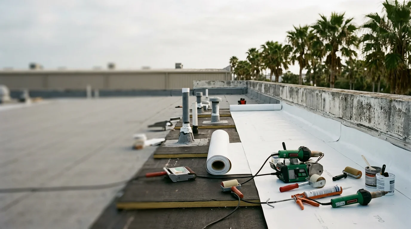 A flat commercial roof on a Volusia County business building showing a waterproof membrane coating applied across the full surface, with rooftop HVAC equipment and parapet walls visible. The reflective roof surface contrasts with the surrounding Florida landscape under a bright summer sky.
