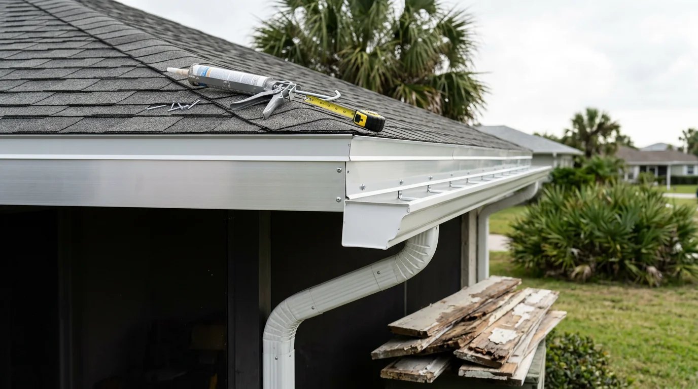 New fascia boards installed along the roofline of a single-family home in Volusia County, Florida, with clean trim edges and gutters reinstalled against the finished fascia. The image shows the completed exterior roofline from ground level, with the fascia flush and properly seated beneath the drip edge.