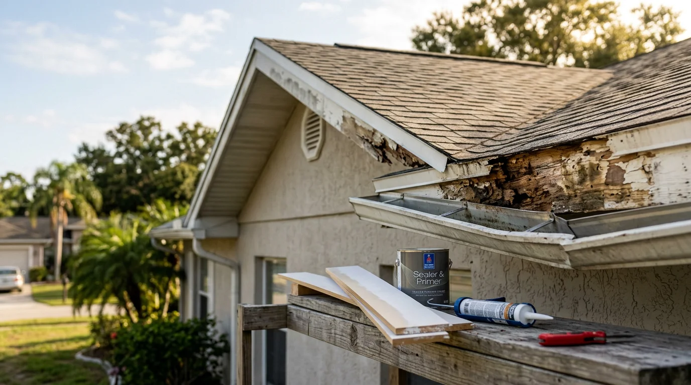 Close-up of a repaired fascia board along the roofline of a Florida home in Volusia County, showing a clean sealed edge with gutters reattached. The surrounding roofline shows no visible rot, peeling paint, or gaps.