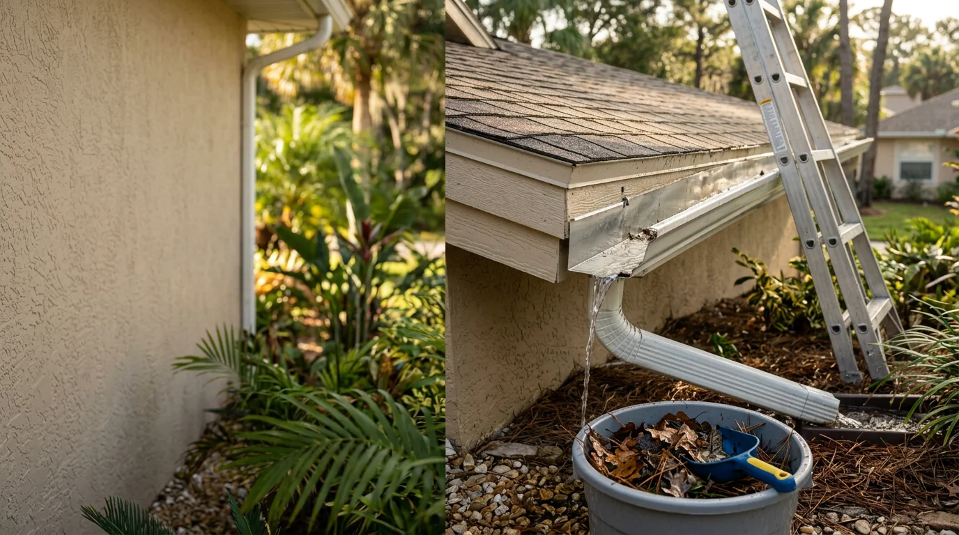 A gutter along a residential roofline in Volusia County being cleared of packed leaves, pine needles, and debris. The downspout runs clean after flushing, with no overflow visible at the gutter seam.