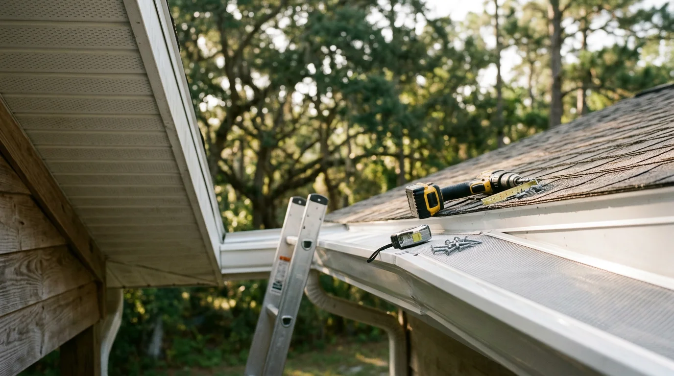 Gutter guard installed along the roofline of a single-family home in Volusia County, Florida, with live oak trees visible in the background. Close-up view shows the guard surface keeping leaves and pine needles out while the gutter channel beneath remains clear.