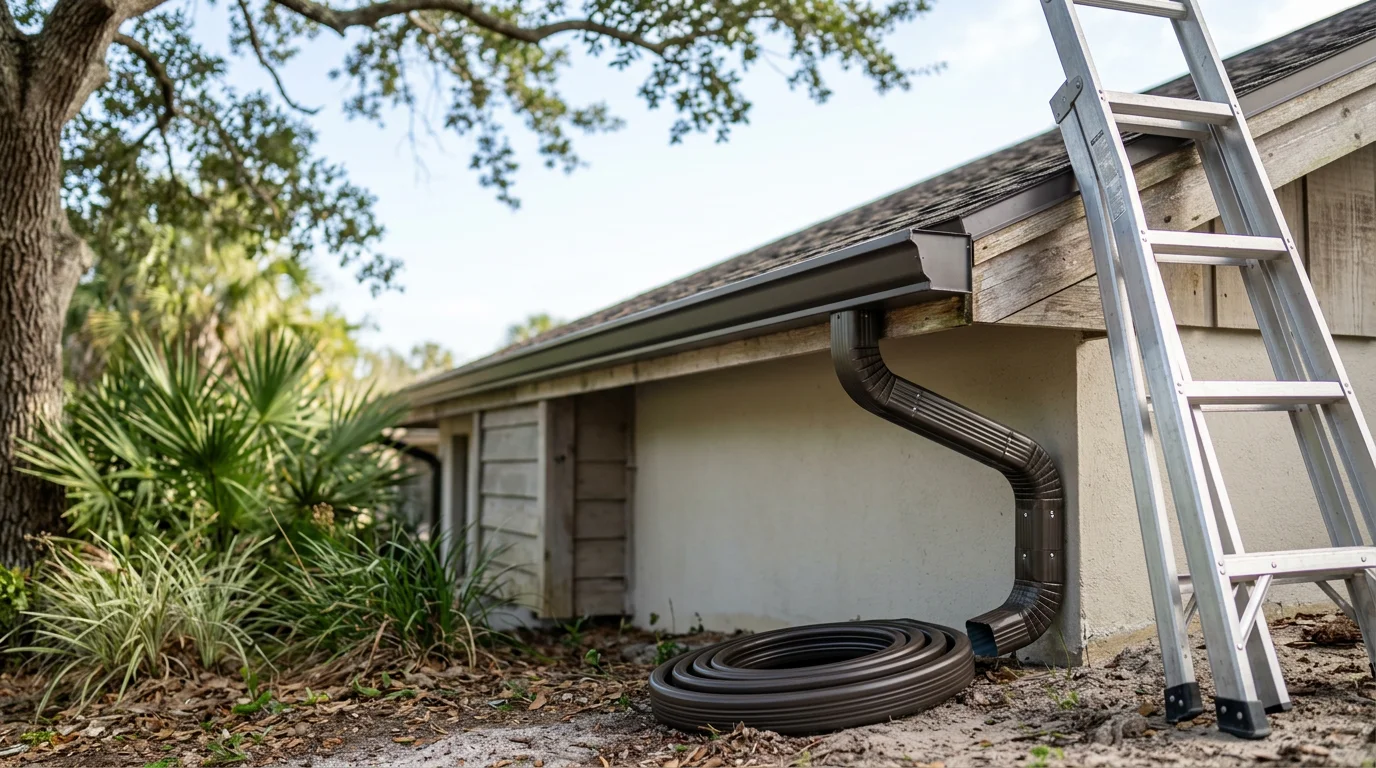 Newly installed gutters and downspouts on a single-family home in Volusia County, Florida, with downspouts positioned to direct rainwater away from the foundation. Close view shows clean gutter runs along the roofline with secure hanger points and sealed joints.