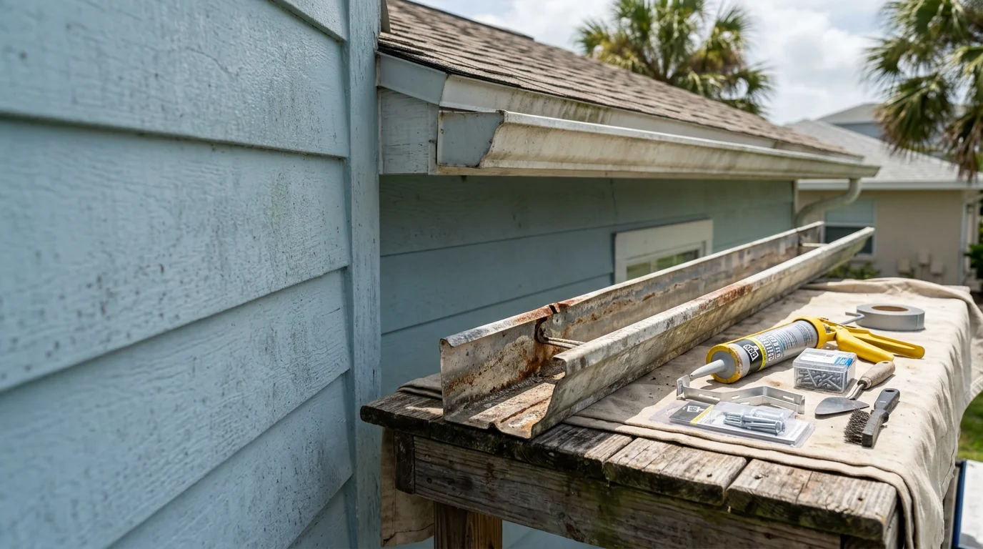 A repaired residential gutter along a Volusia County home's roofline, with a straight, properly secured channel and no visible gaps or sagging sections. A downspout directs water away from the home's foundation on a Florida residential property.