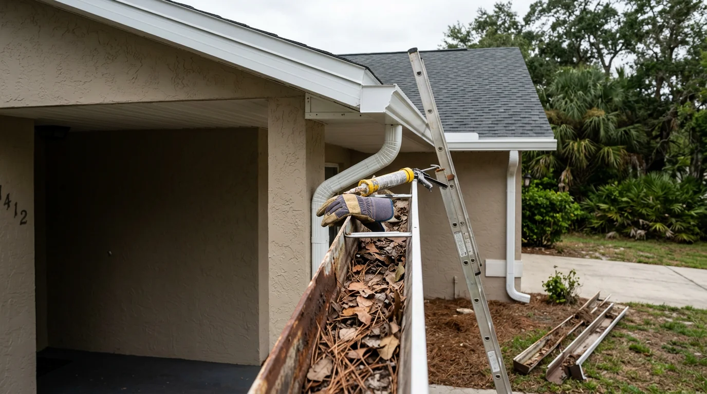 Newly replaced seamless gutters installed along the roofline of a single-family home in Volusia County, Florida. The old deteriorated gutters have been removed and a properly fitted replacement system runs the full length of the fascia with downspouts directed away from the foundation.