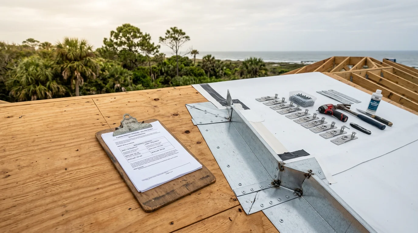 A newly installed roof on a residential new construction home in Volusia County, Florida, showing clean decking, flashing, and a completed roof system under a clear sky. The surrounding area reflects the flat coastal terrain typical of Central Florida.