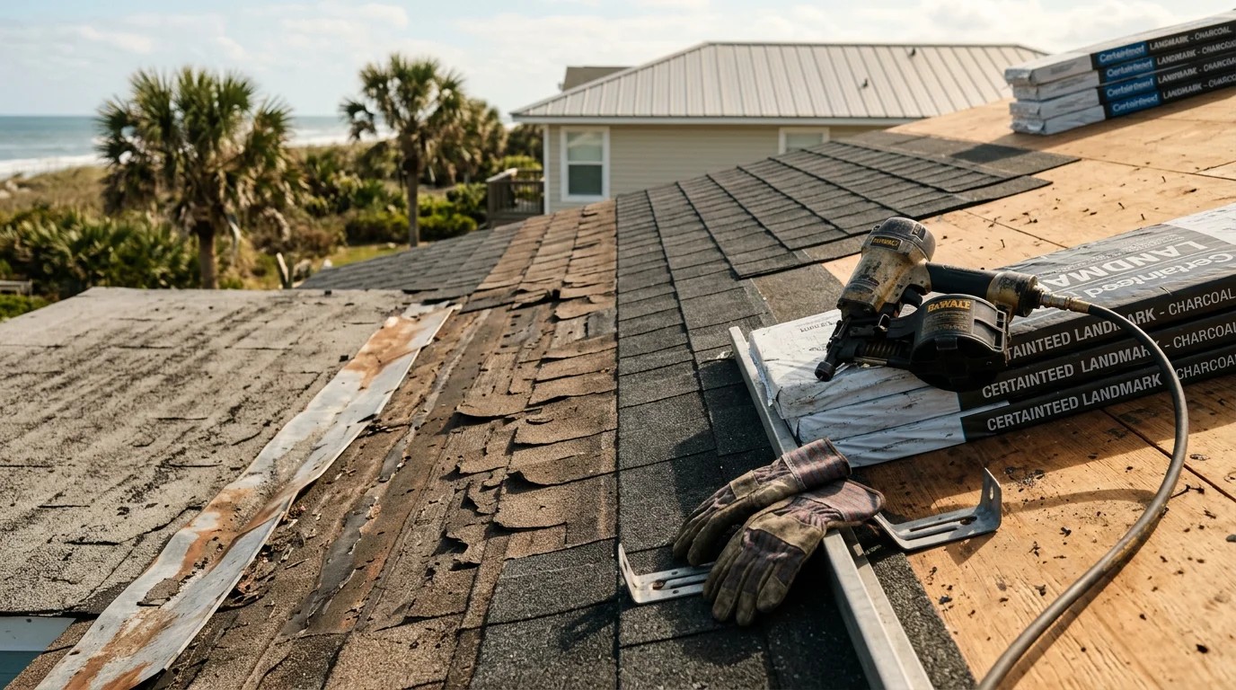 A Volusia County residential home with a freshly re-roofed surface showing new shingles applied over the existing layer. The completed roof sits against a clear Florida sky, with no visible wear, curling, or surface damage.