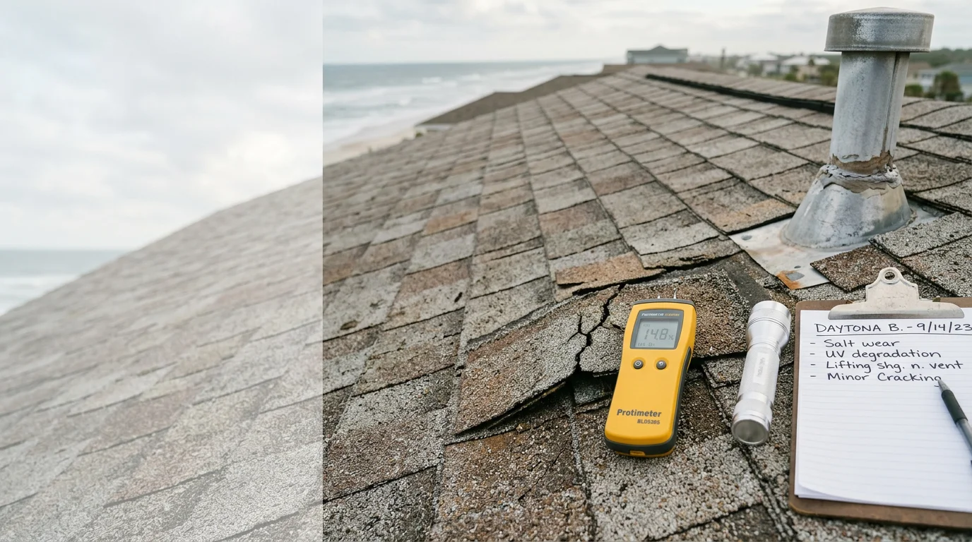 A roofing contractor inspecting the surface and flashing of a residential roof in Volusia County, Florida. Close-up view showing roof field, vent penetrations, and drainage areas under clear Florida sky.