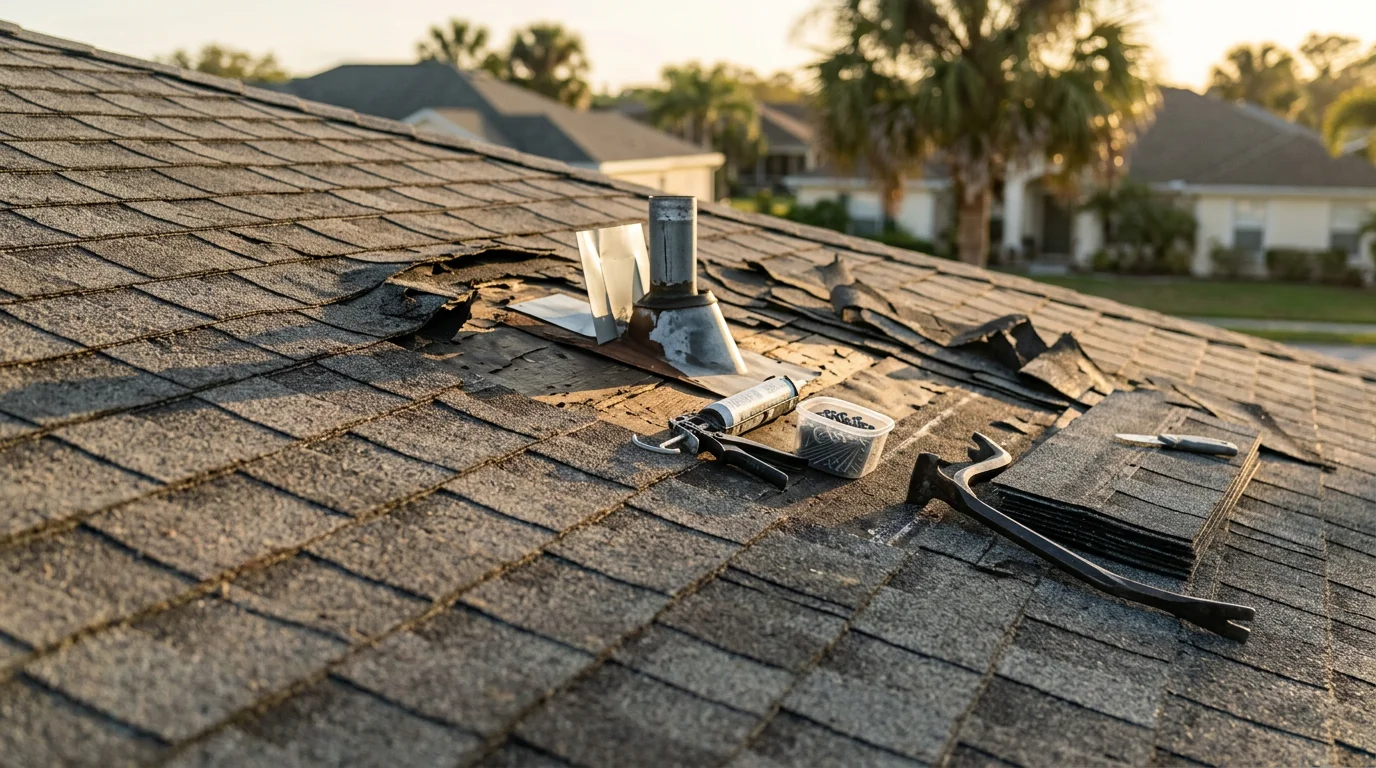 A roofing contractor repairing storm-damaged shingles and flashing on a residential roof in Volusia County, Florida. Close view shows lifted roofing material being secured on a single-story home under a clear Florida sky.