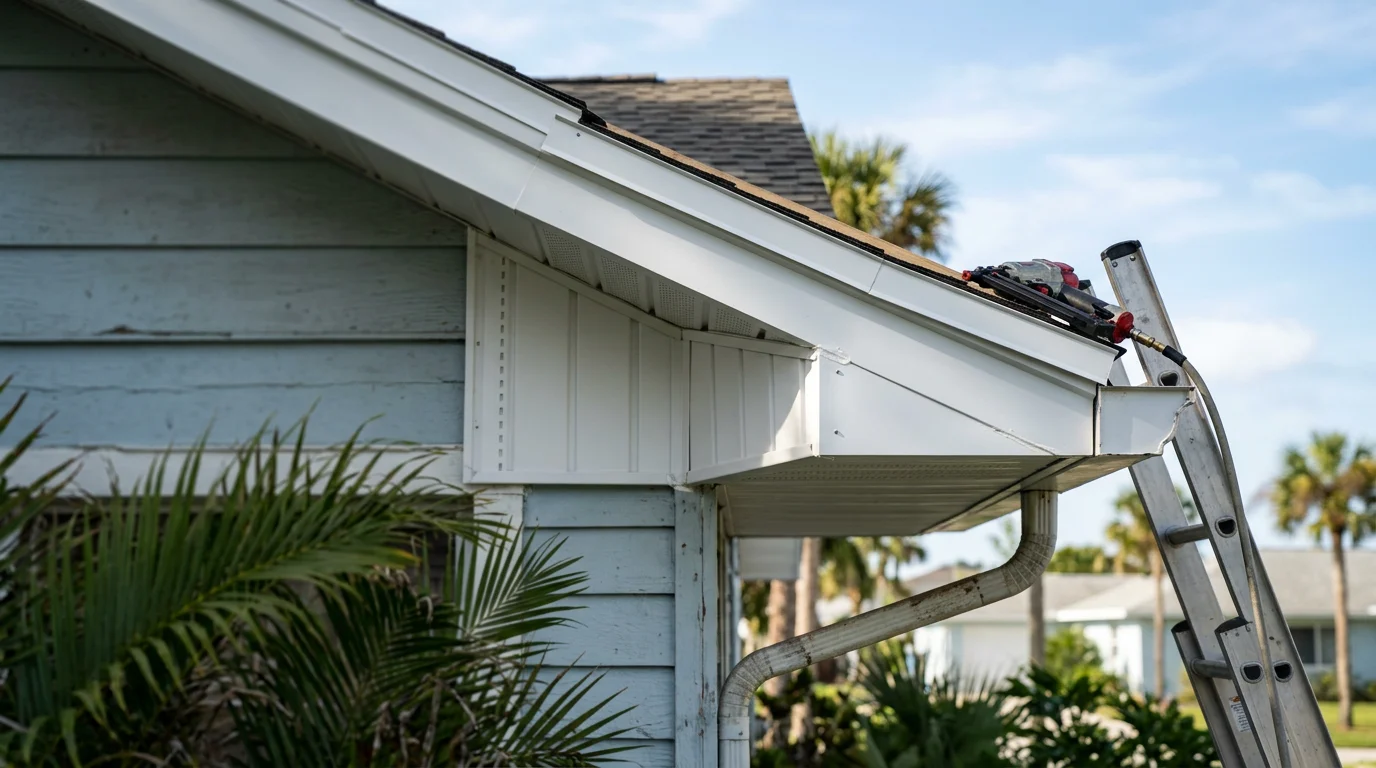 Freshly replaced white soffit panels and fascia boards along the roofline of a single-family home in Volusia County, Florida. The completed roofline edge shows clean, continuous material with no gaps, rot, or sagging sections.