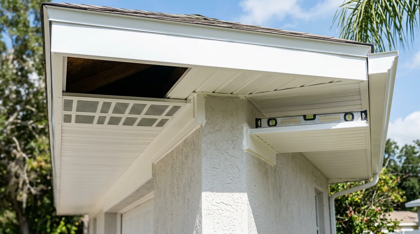 Newly installed soffit panels along the roofline eaves of a single-family home in Volusia County, Florida, showing clean panel alignment and enclosed ventilation at the roof edge.
