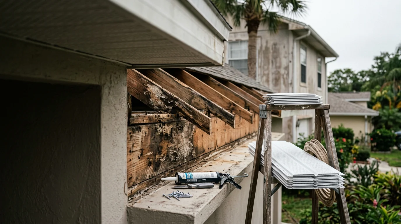Close-up view of a repaired soffit panel on a residential home in Volusia County, Florida, showing sealed eave edges and restored ventilation along the roofline overhang.
